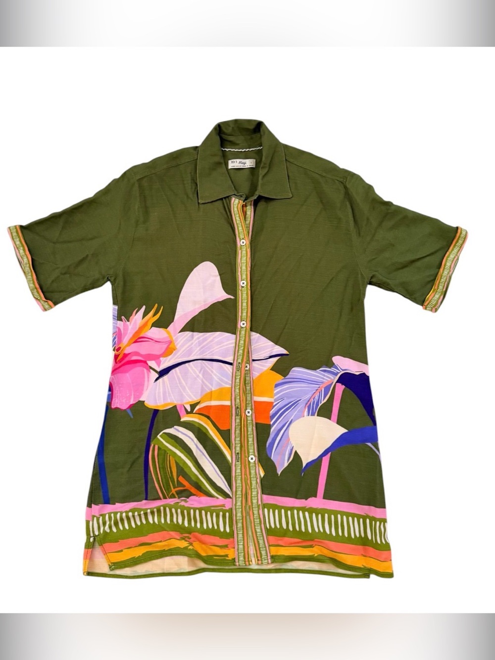 Maaji Olive Green Short-Sleeve Button-Down with Tropical Floral Print top L